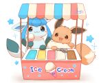  :3 :d animal_focus animal_hands blue_sclera blush brown_eyes closed_mouth colored_sclera commentary_request eevee evolutionary_line food_stand glaceon highres holding holding_ice_cream_cone holding_ice_cream_scoop_(utensil) ice_cream_cone ice_cream_scoop_(utensil) ice_cream_stand looking_at_viewer mimix no_humans open_mouth pokemon pokemon_(creature) pokemon_focus smile 