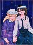  2girls :3 asymmetrical_sidelocks big_dipper black_hat black_necktie black_skirt blonde_hair blue_background border bow brown_hair closed_eyes closed_mouth collared_dress collared_shirt commentary_request constellation constellation_print contrast_collar cowboy_shot dress hair_bow hat highres holding_hands kihaji140 long_hair long_sleeves maribel_hearn medium_hair mob_cap multiple_girls necktie purple_dress shirt shirt_tucked_in sidelocks skirt smile star_(symbol) touhou u_u usami_renko white_hat white_shirt 