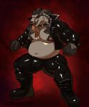 absurd_res anthro belly belt big_belly big_bulge big_penis black_body black_boots black_clothing black_footwear bodily_fluids boots bottomwear bulge clothed clothing collar crouching ear_piercing footwear generation_8_pokemon genitals hi_res jacket jewelry leather leather_bottomwear leather_clothing leather_jacket leather_pants leather_topwear male musclegut muscular nintendo nipple_piercing nipples obstagoon pants penis piercing pokemon pokemon_(species) ryokusetteh shoes solo spiked_collar spikes standing tight_clothing tongue tongue_out topwear