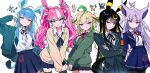  5girls :3 absurdres ahoge animal_ears aqua_eyes aqua_hair armband black_hair black_jacket black_pantyhose black_ribbon black_tail black_thighhighs blonde_hair blue_hair blue_jacket blue_ribbon blue_skirt blue_tail blunt_bangs blush bow cardigan collarbone collared_shirt cowboy_shot crossed_arms dixretsa dress_shirt earrings espeon forked_tail from_side glaceon gradient_hair green_cardigan green_eyes green_hair green_jacket hair_bow half-closed_eyes hand_in_own_hair hand_up heart heart_earrings highres humanization jacket jacket_partially_removed jewelry leaf leafeon long_hair long_sleeves looking_at_viewer low_ponytail miniskirt multicolored_hair multiple_girls multiple_hair_bows neck_ribbon own_hands_together pantyhose personification pink_bow pink_hair pink_ribbon pleated_skirt pointy_ears poke_ball pokedex pokemon ponytail puffy_long_sleeves puffy_sleeves purple_eyes purple_hair red_armband red_eyes red_ribbon reference_inset ribbon serious shiny_skin shirt shirt_tucked_in shirt_under_sweater sidelocks signature simple_background skirt sleeves_past_fingers sleeves_past_wrists smile sparkle_hair_ornament streaked_hair striped_tail sweater sylveon tail thighhighs twintails two-tone_hair two-tone_tail umbreon v-neck white_background white_shirt white_streaks yellow_sweater yellow_tail 