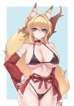  1girl :/ animal_ear_fluff animal_ears arm_at_side bikini bilingual_commentary black_bikini blonde_hair blue_background blue_eyes blush border breasts choker closed_mouth commentary_request commission cowboy_shot crossed_bangs detached_sleeves dogs_(dlrkdejr26) english_commentary fingernails fluffy_tail fox_ears fox_girl fox_tail hair_between_eyes hand_on_own_hip highleg highleg_bikini highres korean_commentary large_breasts long_fingernails looking_at_viewer medium_hair micro_bikini mixed-language_commentary nail_polish navel original outline outside_border pixiv_commission red_choker red_nails red_sleeves skindentation solo standing string_bikini swimsuit tail tail_raised white_border white_outline wide_sleeves 
