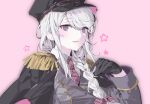 1girl black_gloves black_jacket blush braid collared_shirt epaulettes frills gimnagy67859309 gloves grey_hair hat high_collar highres jacket kirifuji_nozomi long_hair long_sleeves military_hat military_uniform necktie open_mouth peaked_cap pink_background plaid_clothes plaid_necktie purple_eyes shirt smile star_(symbol) star_symbol_background the_hundred_line_-last_defense_academy- upper_body white_hair 