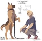 4_fingers 4_toes 5_fingers absurd_res anthro black_nose blue_clothing blue_shirt blue_topwear bottomwear brown_body brown_eyes brown_fur brown_tail canid canine canis clothing collar confusion crouching demi_transformation dialogue digitigrade domestic_dog duo english_text feces feet feral fingers footwear fur german_shepherd good_boy grey_bottomwear grey_clothing grey_pants growth herding_dog hi_res human human_to_anthro jager-darklite leash leashed_collar looking_pleasured male male_feral mammal mid_transformation onomatopoeia orange_body orange_fur orange_tail pants pastoral_dog plantigrade profanity red_clothing red_collar red_footwear red_shoes role_reversal role_swap shirt shoes simple_background snout snout_growth soiling soiling_pants soiling_underwear sound_effects species_transformation speech_bubble standing tail tan_body tan_fur tan_tail text toes topwear transformation watermark wearing_collar wearing_pants wearing_shirt white_background