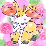 1:1 2026 ambiguous_anthro ambiguous_gender annyui0611 anthro biped blush blush_stickers braixen canid closed_frown digital_drawing_(artwork) digital_media_(artwork) digitigrade dipstick_tail floral_background flower front_view frown full-length_portrait generation_6_pokemon hand_on_chest hi_res japanese_description mammal markings mouth_closed nintendo object_in_tail one_eye_closed plant pokemon pokemon_(species) portrait rose_(flower) sitting snout solo stick stick_in_tail tail tail_markings three-quarter_view translated_description wariza