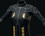  3d amarr_empire_(eve_online) black_jacket blender_(medium) bodysuit clothes_focus commentary company_logo copyright_logo copyright_name dark_background dated english_commentary eve_online grey_background highres jacket logo long_sleeves marmoset_toolbag_(medium) maya_(medium) no_humans official_art photorealistic realistic undoz upper_body yellow_trim zbrush_(medium) 