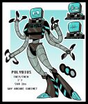 2020 4_arms ambiguous_gender bileshroom black_border blue_eyes border claws english_text for_a_head hi_res humanoid machine model_sheet multi_arm multi_limb multicolored_body nonbinary_(lore) not_furry object_head polybius pronouns robot robot_humanoid screen screen_face screen_head simple_background smile solo standing text
