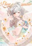  1girl 3d blush center-flap_bangs commentary_request double-parted_bangs elychiffon grey_hair highres long_hair looking_at_viewer navel one_eye_closed original smile solo v yellow_eyes 
