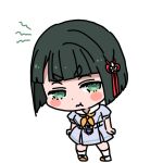  1girl :t black_hair blue_dress blunt_bangs blunt_ends blush_stickers bob_cut chibi chibi_only clenched_hands commentary dress flower flower_knot hair_flower hair_ornament hasu_no_sora_school_uniform looking_at_viewer love_live! love_live!_hasu_no_sora_jogakuin_school_idol_club momose_ginko neckerchief pout puffy_short_sleeves puffy_sleeves sailor_collar sailor_dress school_uniform shinanoya_(satanicad) shoes short_hair short_sleeves shout_lines simple_background socks solo standing summer_uniform thick_eyebrows uwabaki v-shaped_eyebrows virtual_youtuber white_background white_flower white_sailor_collar white_socks yellow_neckerchief yellow_shoes 