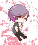  1boy black_pants black_shoes chibi chibi_only closed_mouth commentary_request full_body grey_shirt hand_in_pocket highres holding holding_jewelry holding_ring jewelry junpei_(kyokugen_dasshutsu) kyokugen_dasshutsu looking_back male_focus outline pants purple_hair red_eyes ring shirt shoes short_hair short_sleeves solo splatter_background tebaken_mind unworn_ring white_background white_outline zero_escape:_toki_no_dilemma 