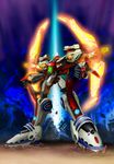  aquarion_(series) armor bow city full_body glowing glowing_weapon highres mecha no_humans outdoors rock rubble ruins solar_aquarion sousei_no_aquarion standing super_robot weapon 