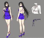  1girl arm_at_side arms_at_sides ass asymmetrical_bangs back backless_dress backless_outfit bare_arms bare_legs bare_shoulders black_hair blue_bow blue_bowtie blue_dress bow bowtie breasts closed_mouth commentary_request concept_art crescent crescent_earrings dress earrings final_fantasy final_fantasy_vii final_fantasy_vii_remake frilled_dress frills full_body grey_background hand_up head_tilt high_heels jewelry legs lips lipstick long_hair long_legs looking_at_viewer looking_back makeup multiple_views official_alternate_costume official_art red_eyes roberto_ferrari see-through_clothes short_dress sideboob simple_background smile square_enix standing straight_hair strap thong tifa_lockhart tifa_lockhart_(refined_dress) turnaround underwear very_long_hair 