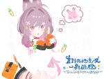  1girl :o ahoge animal_ear_fluff animal_ears animalization arknights blending carrot chinese_commentary clover commentary_request cowboy_shot fingerless_gloves four-leaf_clover gloves highres long_hair looking_at_viewer open_mouth orange_gloves pink_eyes pink_hair pink_rabbit pouch rabbit_ears rabbit_girl simple_background sitting solo speech_bubble thought_bubble thumpy_(arknights) v white_background youzhi_shuimian 