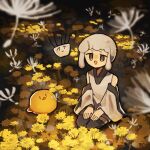  1girl bird black_thighhighs clothing_request commentary_request creature dandelion_seed detached_sleeves dot_nose field flower flower_field from_above hairstyle_request hands_on_own_thighs highres jimini_shijimi looking_at_viewer looking_up open_mouth original seiza sidelocks sitting sleeveless smile solo thighhighs white_hair wide_sleeves zettai_ryouiki 