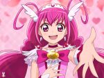  1girl absurdres choker commentary_request cure_happy dress highres hoshizora_miyuki long_hair looking_at_viewer magical_girl nyahoekaki1 open_mouth outstretched_arm pink_dress pink_eyes pink_hair precure red_choker smile smile_precure! solo teeth twintails upper_teeth_only very_long_hair 