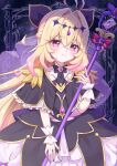  1girl ahoge black_dress black_ribbon black_skirt blonde_hair capelet commentary_request cure_arcana_shadow diamond_hairband dress frilled_cuffs gradient_hair hair_between_eyes hair_intakes hair_ribbon heart highres holding holding_staff layered_skirt long_hair magical_girl meitantei_precure! mitoarchive957 multicolored_hair neck_ribbon pink_eyes pink_hair precure ribbon sidelocks skirt smile solo staff standing 