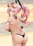  1girl absurdres animal_print arm_strap ass aviator_sunglasses azur_lane bare_back bracelet breasts bremerton_(azur_lane) bremerton_(pillowed_counseling)_(azur_lane) brown_one-piece_swimsuit butt_crack closed_mouth commentary_request cowboy_shot earrings eyewear_on_head from_behind grey_streaks highres jewelry kento_(kentdrawing) large_breasts leopard_print multicolored_hair nail_polish one-piece_swimsuit orange-tinted_eyewear pink_eyes pink_hair pink_nails sideboob solo streaked_hair sunglasses sweat swimsuit tan tinted_eyewear 