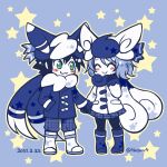  1boy 1girl :3 ash_ketchum blue_background blue_boots blue_coat blush_stickers boots closed_mouth coat commentary_request cosplay hand_in_pocket happy hat hatsuru_826 holding_hands long_sleeves meowstic meowstic_(cosplay) no_nose outline pokemon pokemon_(anime) pokemon_(creature) pokemon_the_series:_xy pokemon_x_and_y scarf serena_(pokemon) short_hair star_(symbol) white_boots white_coat white_outline 