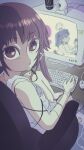 2girls absurdres alligator_clip brown_eyes brown_hair chair chef chef_hat computer_keyboard computer_mouse dress hair_ornament hairclip hat highres holding holding_plate iwakura_lain lacey_(lacey_games) lacey_games looking_at_viewer looking_back monster_energy multiple_girls office_chair on_chair plate serial_experiments_lain short_hair_with_long_locks sitting smile sticker swivel_chair watching_movie webcam weeabuddhaboo white_dress wire 