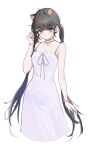  1girl absurdres ahoge animal_ears bare_arms bare_shoulders black_hair blush chinese_commentary collarbone commentary_request cropped_legs dress hand_up highres long_hair looking_at_viewer majo_(pastamajo) mole mole_on_shoulder original purple_eyes simple_background solo twintails white_background white_dress 