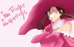  1girl artist_name bare_shoulders breasts brown_hair commentary elbow_gloves english_commentary english_text facial_mark gloves green_eyes grin hair_between_eyes hat highres looking_at_viewer medium_breasts one_eye_closed pink_gloves pink_hat procreate_(medium) ranea sidelocks smile solo upper_body v_lila_f white_background witch witch_hat yozakura_quartet 