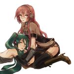  bad_id bad_pixiv_id boots detached_sleeves glasses green_hair hatsune_miku kneeling kno_(anahita) long_hair megurine_luka multiple_girls pink_hair thighhighs twintails vocaloid 