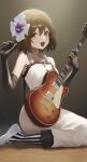  1girl :d absurdres bare_shoulders black_gloves brown_eyes brown_hair commentary_request don't_say_"lazy" dress elbow_gloves gloves guitar guitar_strap hair_ornament highres hirasawa_yui instrument k-on! kneeling looking_at_viewer shoes short_hair smile solo striped_clothes vertical-striped_clothes white_dress white_shoes yecheng_anhunqu_(bilibili_1454316466) 