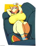 2024 anthro big_breasts black_nose blue_clothing blue_panties blue_underwear breasts canid canine cel_shading clothing colored curvy_figure digital_drawing_(artwork) digital_media_(artwork) ducky_(artist) ear_piercing electronics erect_nipples eyewear female footwear fur furniture glasses green_sofa hair hi_res huge_breasts light_body light_fur looking_at_object looking_at_phone lying mammal multicolored_clothing multicolored_footwear multicolored_socks nipple_outline nipples on_back panties phone piercing pink_hair plushie pointy_ears round_glasses shaded shirt signature slim_female snout socks sofa solo text topwear underwear url wide_hips yellow_clothing yellow_shirt yellow_topwear