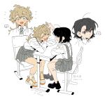  2girls :< :d ahoge ankle_socks arm_up arms_on_table bare_legs black_hair black_shoes blonde_hair blush braid chair chibi chibi_inset chinese_text closed_eyes closed_mouth collared_shirt couple crossed_arms crossed_bangs curled_fingers dated desk diagonal-striped_clothes diagonal-striped_necktie dog dot_nose double-parted_bangs dress_shirt english_text facing_another from_above from_behind from_side full_body green_eyes grey_necktie grey_skirt hair_between_eyes hair_ornament hairclip happy_aura highres holding holding_another's_hair indoors jellyfish_cut knees_together_feet_apart leaning_forward light_frown long_hair long_sleeves looking_at_another looking_at_viewer looking_up loose_hair_strand low_block_heels minamip multiple_girls multiple_hairclips multiple_views necktie nervous open_clothes open_mouth open_shirt orange_trim original parallel_hairclips parted_bangs partially_colored partially_unbuttoned pinch_grip platform_shoes pleated_skirt pout projected_inset purple_trim raised_eyebrows red_eyes school_chair school_desk school_uniform shirt shoelaces shoes short_hair simple_background sitting skirt sleeve_cuffs smile sneakers socks striped_clothes striped_necktie suspender_skirt suspenders swept_bangs teeth thick_eyebrows turning_head unbuttoned unbuttoned_shirt upper_teeth_only v-shaped_eyebrows white_background white_shirt white_shoes white_socks yuri 