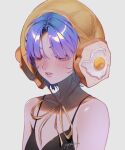  1girl armpit_crease bare_shoulders black_shirt blunt_bangs blush bread bread_slice brown_hat collarbone commentary egg food food-themed_hat grey_background hair_over_eyes hat highres making-of_available original parted_lips portrait purple_hair pyampom shirt short_hair simple_background solo teeth untranslatable_commentary 