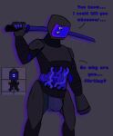 5_fingers anthro arm_cannon blush crotch_plate cybernetics cyborg english_text fingers hi_res machine male melee_weapon metal not_furry reference_image solo space_station_14 sword text vexilary weapon x1491 xenoborg_(ss14)