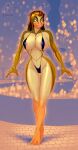 abstract_background anatid anseriform anthro approaching avian big_breasts bikini bird black_bikini black_clothing black_swimwear bokeh bracelet breasts chain_bikini clothing duck feet female fountain hi_res jewelry juxtapex membrane_(anatomy) one-piece_swimsuit seductive sling_bikini small_waist smile solo swimwear toes two-piece_swimsuit webbed_feet wide_hips yellow_eyes