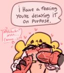 animal_genitalia anthro bean0tastic beanie_(bean0tastic) blonde_hair blush bodily_fluids bovid canid canine canis caprine cheek_bulge chest_tuft cum deep_throat dialogue english_text eyelashes fellatio femboy fingers genital_fluids genitals group hair heart_symbol hooved_fingers hooves horn knot knotted_penis male male/male mammal oral oral_penetration penetration penile penis sex sheath sheep speech_bubble tears text trio tuft wolf