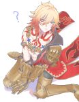  1boy armor blonde_hair braid collarbone commentary highres honkai:_star_rail honkai_(series) jewelry kaseki_(pixiv_126918396) multicolored_hair muscular muscular_male mydei_(honkai:_star_rail) orange_hair shoulder_armor simple_background single_braid sitting solo untranslatable_commentary wariza yellow_eyes 