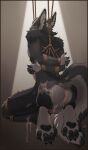 absurd_res anthro balls bdsm big_ears big_tail black_body black_fur black_nose bodily_fluids bondage border bound brown_border butt canid canine cum cum_in_ass cum_inside cum_on_balls cum_on_body cum_on_butt digital_media_(artwork) fur genital_fluids genitals grey_body grey_fur hi_res horn kazarart lus_(rmmlusitania) male mammal messy nude pawpads paws penis restraints rope rope_bondage rope_harness simple_background solo submissive suspension suspension_bondage tail wide_hips