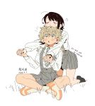  2girls :t ankle_socks arm_up bare_legs black_hair black_shoes blonde_hair blush buttons chestnut_mouth chinese_text closed_eyes closed_mouth collared_shirt couple crossed_legs dated diagonal-striped_clothes diagonal-striped_necktie dot_nose double-parted_bangs dress_shirt english_text from_side full_body grabbing_from_behind grass green_eyes grey_necktie grey_skirt hair_between_eyes hair_ornament hairclip hand_up happy_aura head_on_head head_rest highres holding holding_hands jellyfish_cut kneeling leaning_forward leaning_on_person light_frown long_hair long_sleeves looking_at_another looking_up loose_hair_strand low_block_heels minamip multiple_girls multiple_hairclips necktie notice_lines on_ground open_mouth orange_trim original outdoors outstretched_arms parallel_hairclips parted_bangs pleated_skirt pout puff_of_air puffy_cheeks school_uniform shirt shoes short_hair simple_background sitting skirt sleeve_cuffs sneakers socks striped_clothes striped_necktie surprised suspender_skirt suspenders swept_bangs thick_eyebrows white_background white_shirt white_shoes white_socks yuri 