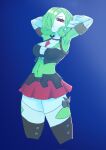 alicia_(miiserii) armwear bottomwear breasts chest_spike clothed clothed_female clothed_humanoid clothing colored elbow_gloves female final_fantasy final_fantasy_xiv gardevoir generation_3_pokemon gloves gradient_background green_hair hair hands_behind_head handwear hi_res humanoid legwear looking_at_viewer midriff miiserii nintendo pokemon pokemon_(species) red_eyes simple_background skirt solo spikes spikes_(anatomy) square_enix thigh_highs topwear tube_top