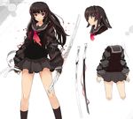  armcho black_hair buckle character_sheet katana long_hair original red_eyes school_uniform serafuku skirt socks sword weapon 