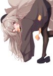  1girl animal_ears beret black_hat black_pantyhose black_shoes black_skirt blush brown_eyes brown_hair brown_pantyhose brown_sweater commentary_request food food_in_mouth fox_ears fox_girl fox_tail hair_between_eyes hat highres kitsune kyuubi loafers long_hair long_sleeves looking_at_viewer mouth_hold multiple_tails original pantyhose pleated_skirt shoe_dangle shoes simple_background six_box skirt sleeves_past_fingers sleeves_past_wrists solo standing standing_on_one_leg sweater tail very_long_hair white_background 