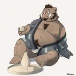 1:1 2026 5_toes alcohol anthro asian_clothing belly beverage big_belly biped brown_body brown_fur bulge claws clothing east_asian_clothing eyewear feet fundoshi fur glasses japanese_clothing kemono male mammal moobs nipples raipon sake sake_bottle sake_dish sitting solo suid suine sus_(pig) toes underwear white_clothing white_fundoshi white_underwear wild_boar