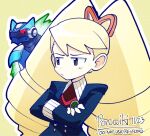  1boy 1girl artist_name blonde_hair bow crossed_arms drill_hair green_eyes hair_bow long_hair luna_platz_(mega_man) mega_man_(series) mega_man_star_force_(series) omega-xis_(mega_man) orange_bow outline poruwiki red_eyes simple_background twin_drills very_long_hair white_outline 