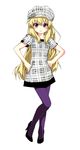  cabbie_hat fashion full_body grune hands_on_hips hat heterochromia high_heels highres original pantyhose purple_legwear shoes simple_background solo standing 