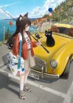  1girl animal animal_ear_fluff animal_ears belt black_cat blue_sky blush brown_belt brown_shoes brown_shorts car cardigan cat clothes_writing cloud commentary_request convertible crew_neck day dead_animal ebiri_fy fish fishing_rod full_body highres hill holding holding_fishing_rod long_hair looking_at_animal motor_vehicle ocean open_cardigan open_clothes original outdoors print_shirt red_cardigan road road_sign scenery shirt shoes shore shorts sign sky sneakers socks solo standing steering_wheel straight_hair t-shirt tackle_box town very_long_hair white_shirt white_socks yellow_car 