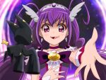  1girl absurdres choker commentary_request cure_happy dress highres hoshizora_miyuki long_hair looking_at_viewer magical_girl mahou_shoujo_ni_akogarete nyahoekaki1 open_mouth outstretched_arm precure purple_dress purple_eyes purple_hair red_choker smile smile_precure! solo teeth tongue tongue_out twintails upper_teeth_only venalita very_long_hair 