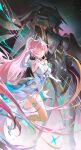  1girl aemeath_(exostrider_armament)_(wuthering_waves) aemeath_(wuthering_waves) arm_up beamed_eighth_notes breasts commentary dual_persona duetrofl elbow_gloves english_commentary gloves highres leotard long_hair looking_at_viewer medium_breasts musical_note one_eye_closed parted_lips pink_hair ponytail showgirl_skirt skirt smile v white_gloves white_leotard white_skirt wuthering_waves yellow_eyes 