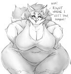 absurd_res anthro big_breasts breasts canid canine cleavage clothed clothing english_text female fox greyscale hair hands_on_own_hips hi_res huge_breasts long_hair looking_at_viewer mammal monochrome morbidly_obese morbidly_obese_anthro morbidly_obese_female obese obese_anthro obese_female overweight overweight_anthro overweight_female ryoxxl simple_background solo suzie_(ryoxxl) tail talking_to_viewer text white_background