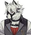  1boy ascot closed_mouth commentary dog_boy english_commentary furry furry_male looking_at_viewer male_focus muzzle_(mask) one_eye_covered red_ascot red_eyes rem_(tsulala) shirt short_hair simple_background von_lycaon white_background white_shirt zenless_zone_zero 
