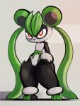 2026 3:4 absurd_res angry anthro bear belt biped black_nose breasts claws countershade_torso countershading featureless_breasts featureless_crotch feet female frown fur giant_panda hand_on_hip hi_res jellli leaf leaf_hair leafan_(pal) mammal multicolored_body multicolored_fur pal_(species) palworld plant plant_hair pocketpair pseudo_hair red_eyes simple_background small_breasts solo solo_focus standing toes two_tone_body two_tone_fur white_body white_countershading white_eyes
