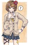  1girl alternate_costume blue_nails blue_skirt brown_cardigan cardigan collared_shirt commentary_request dress_shirt eighth_note flower gyaru hair_flower hair_ornament hairclip highres kantai_collection ld_(luna_dial398) musical_note nail_polish necktie orange_background pleated_skirt school_uniform shirt skirt solo spoken_musical_note star_(symbol) star_sticker sticker thigh_strap white_shirt yellow_necktie yukikaze_(kancolle) 