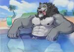 2026 abs absurd_res amber_eyes anthro beverage biceps black_lips black_nipples blizzard_entertainment canid clothed clothing cloud fangs fur grey_body grey_fur hair hi_res lips male mammal mane mane_hair muscular muscular_anthro muscular_male nipples notsophatmatt open_mouth outside palm_tree partially_submerged pecs pinup plant pose quads sharp_teeth sitting sky solo swimming_trunks swimwear teeth tongue tongue_out tree triceps warcraft water werecanid werecreature worgen yellow_eyes