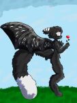 3:4 anthro aquatic bat big_tail big_wings black_body black_fur breasts dehai digital_media_(artwork) featureless_breasts fish flower fluffy fur happy hi_res hybrid mammal mouthless plant qerweferien quitews rose_(flower) shark solo standing tail white_eyes wings